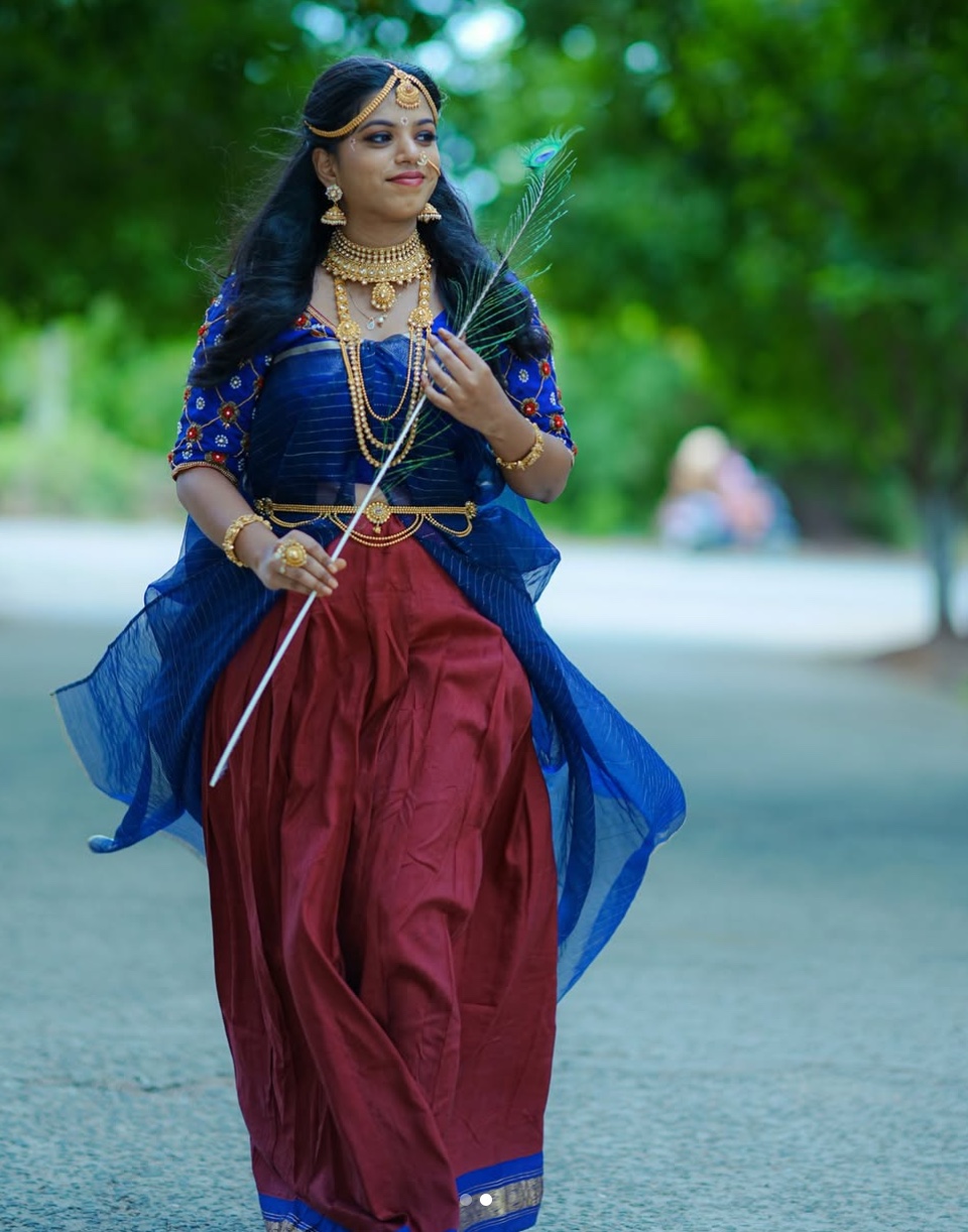 Customised royal blue and maroon designer half saree outfit by Harsa Designer Boutique Coimbatore