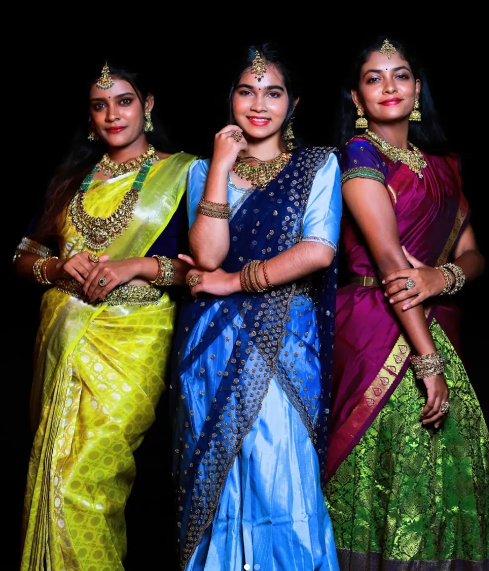 Custom designed vibrant festive lehenga and half saree ensembles by Harsa Designer Boutique Coimbatore
